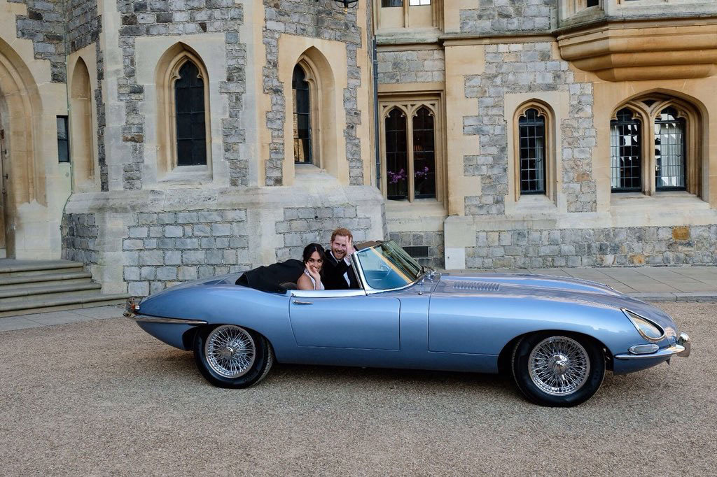 elektrische jaguar e-type bij het britse huwelijk van prins Harry
