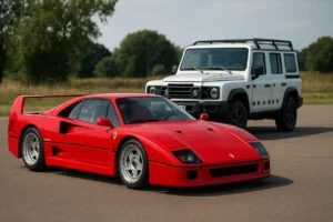Un uomo scambia una rara Ferrari con una Ineos Grenadier e del denaro contante.